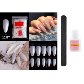 500 x False Artificial French Nail Kit Coffin, Ballerina Pointy Nail Art Acrylic Tips + Glue 10g + Nail File Nail extension Kit White Clear Natural fake nails with glue (KIT 11 CREAM TIPS)