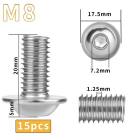 Pack of 15 Rounded Head Screws M8 x 20 Stainless Steel Screws A2 V2A Flat Head Screws ISO 7380 Rounded Head Screws Rustproof Screws Threaded Screws Full Thread with Flange, Hexalobular and Hex Key