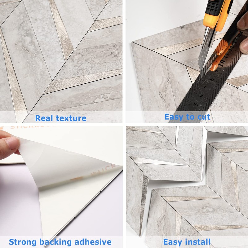 STICKGOO 10-Sheet Herringbone Tile Peel and Stick Backsplash, Beige Mixed