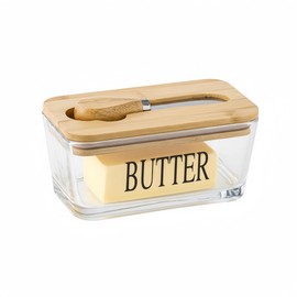 Ymeibe Glass Butter Dish with Bamboo Lid and Knife, 500 mL Airtight Cheese Storage Container for Countertop Butter Keeper for Fridge (Smooth, 16 fl oz)