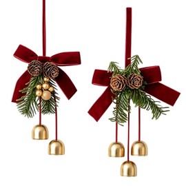 KUSHAN Bows de Navidad de 2 Piezas con 2 Campanas,Campanas de Navidad de Hierro Dorado con piña y decoración de Hojas,para decoración de árbol de Fies