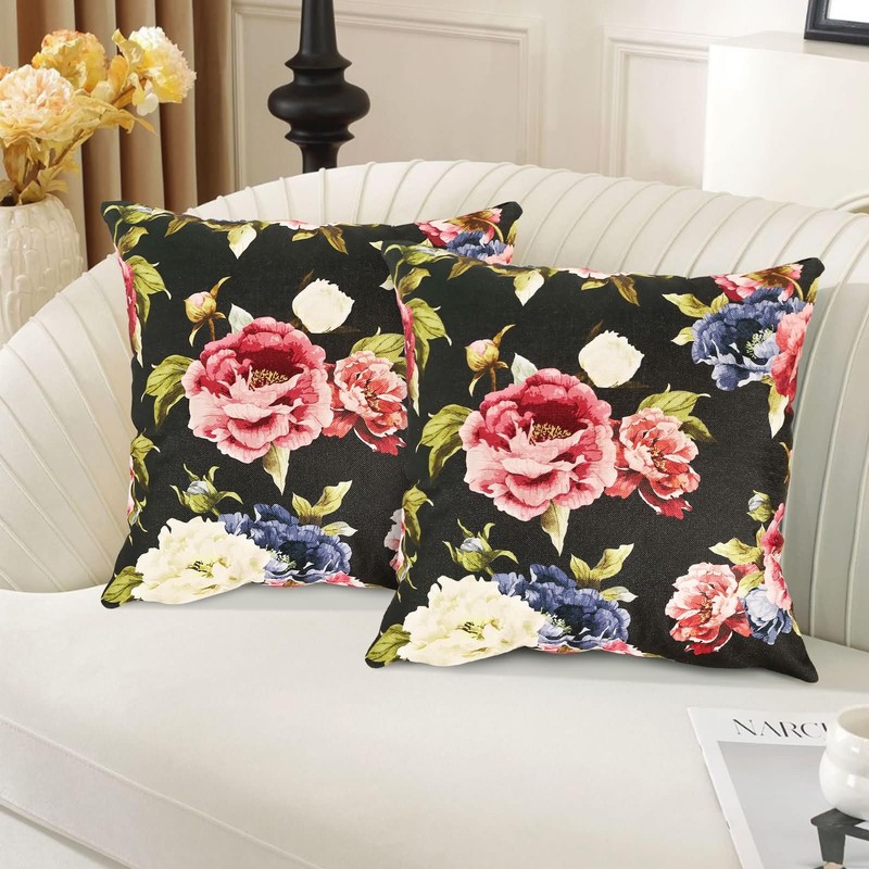 Homxi Set of 2 Cushion Covers 18x18,Red Green Black Floral