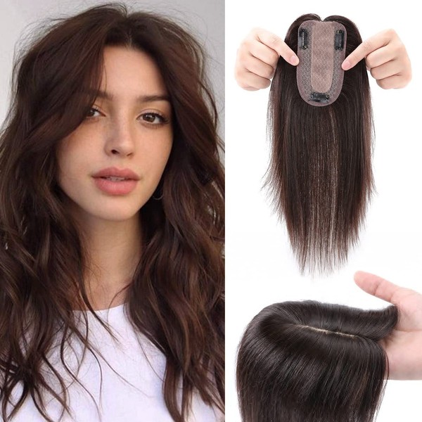Clip-In Real Hair Topper Extensions Real Hair Pieces Real Hair Toupee for Women Toupee Hairpiece 130% Density Hair Extensions 30 cm - 38 g 02# Dark Brown