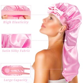 Hsthe Sea Pink Extra Lange Satinhaube für Damen, verstellbare Zopfhaube mit Bindeband, doppellagige elastische Seidenhaube 30,3 x 12,6 Zoll