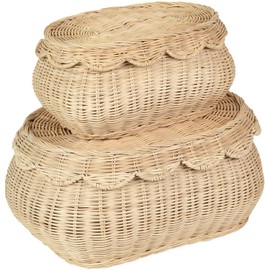 2Pcs Scalloped Baskets, Hand Woven Rattan Baskets with Lid, Small Scalloped Baskets, Wicker Storage Baskets, Basket For Decor, Basket for Living Room, Bathroom, Bedroom, Organizing Food, Bread, Picnic