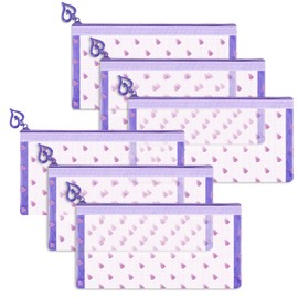 Fassave 6 Pack Mini Zipper Mesh Makeup Bags, Heart Print Nylon Cosmetic Bags Toiletry Bags for Office Travel Organization (Purple, M)