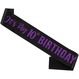 It’s My 10th Birthday Sash,10th Birthday Sash for Girls,Glitter Letter 10th Birthday Sash for Girls,Happy 10th Birthday Party Decorations,Black and Purple