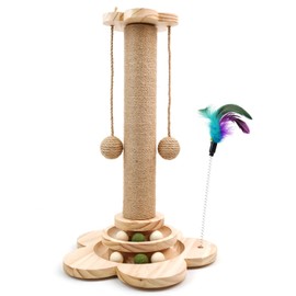 FOR-HI Cat Scratching Post, 4 in 1 Wooden Cat Scratcher Toy, 18.11" Tall Scratch Post with 2 Level Cat Track Balls, Interactive Feather Toy and 2 Sisal Hanging Balls for Indoor Kittens, Adult Cats