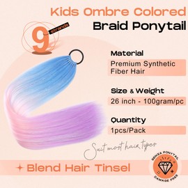 SEIKEA Colored Hair Extensions, 26" 9 Strands Lightweight Colored Hair Extensions for Kids Braid Ponytail Blend Hair Tinsel with Hair Tie, Ombre Crazy Hair Day Accessories Blue/Pink/Light Purple