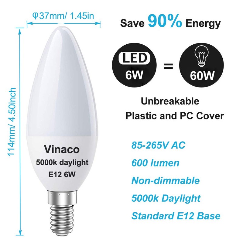 Vinaco E12 LED Bulb, 6 Pack E12 Candelabra Bulb 60