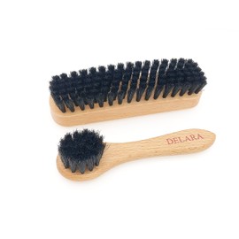 DELARA Two small wooden handled brushes made from natural bristles, 1 applicator brush and 1 buffing brush, colour black - Made in Germany