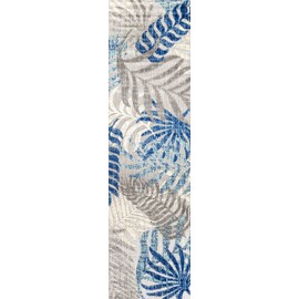 JONATHAN Y AMC100A-210 Tropics Palm Leaves Indoor Outdoor Area-Rug Bohemian Floral Easy-Cleaning High Traffic Bedroom Kitchen Backyard Patio Porch Non Shedding, 2 X 10, Gray/Blue