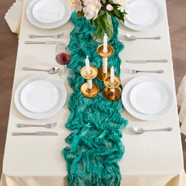 SRIZIAN Teal Cheesecloth Table Runners, 10ft Wide Gauze Boho Table Runners for Bridal Shower Wedding Birthday Party Table Decorations
