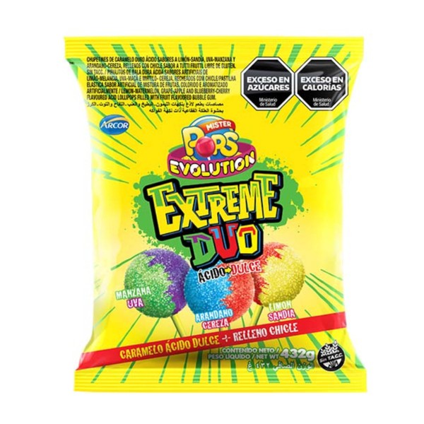 Arcor Mister Pops Evolution Extreme DUO: Tangy Lollipops with Chewy Bubblegum Center, 432 g / 15.24 oz