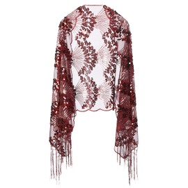 BABEYOND 1920s Sequined Peacock Shawl Wraps Fringed Evening Cape Wedding Bridal Shawl Scarf for Evening Dresses Party, Winered-1, One Size