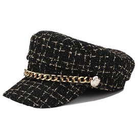 Women Plaid-Tweed Newsboy-Baker-Boy Hat Captain-Sailor Fisherman Hat Peaked-Beret with Chain Black