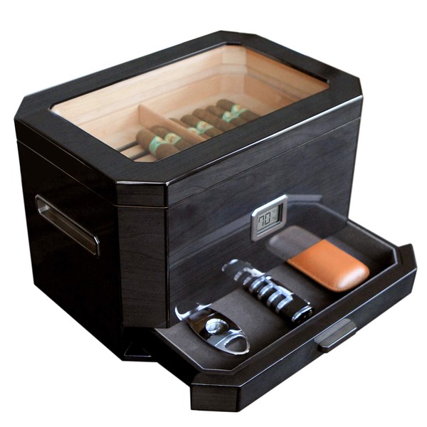 CASE ELEGANCE Octodor Large Black Piano Finish Glass Top Cedar Humidor with Digital Hygrometer, Humidification System, and Accessory Drawer - Holds (50-100 Cigars)