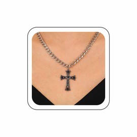 Wendalern Gothic Black Cross Necklace Diamond Crystal Cross Pendant Necklace Cuban Link Chain Cross Necklace Engraved Flower Crucifix Religious Necklace Jewellery for Women, Zinc