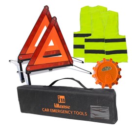 iMonse Warning Safety Triangle Kit, Emergency Roadside Warning Reflective Triangle 2 Packs with 1 LED Road Flare Light, Foldable with Storage Case for Roadside Breakdowns Emergencies