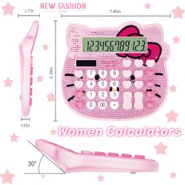 ONECES Cute Calculator Creative Pink Rhinestone Crystal Diamond Cartoon Cat 12 Digits Solar Dual Power Calculator of Children's Gift or Your Wish