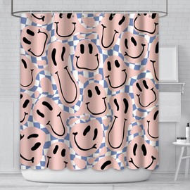 AIBIIN 180x180cm Retro 70s Pink Smiley Shower Curtain Hippie Teen Girls Cute Groovy Bathroom Decor Accessory Funky bath Curtains Decor Set with 12 Hooks