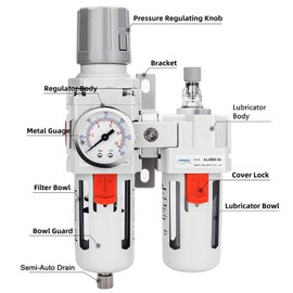 NANPU 1/2" NPT Compressed Air Filter Regulator Lubricator Combo Water/Oil Trap Separator - Gauge(0-150 psi), Poly Bowl, Semi-Auto Drain, Bracket