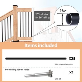 25 Pack 26" Round Aluminum Deck Balusters, Premium 3/4" Black Balusters for Staircase Interior, Porch Railing Connectors Stair Spindles Railing for Wood and Composite (Powder Coated, Anti-UV)