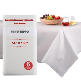 PARTYHIPPO Stone Paper Degradable Disposable Tablecloth (54" x 108", 6-Pack) – Rectangular, Waterproof, Leak-Proof, Durable (Red Stripe)