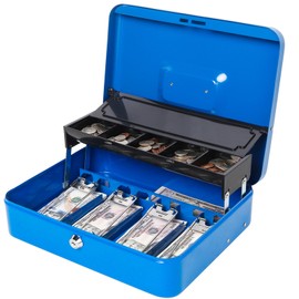 Jssmst Locking Metal Cash Box with Coin Lid, 11.8L x 9.5W x 3.5H Inches, Safe Money Box with Key Lock, Blue, SM-CB0513BL