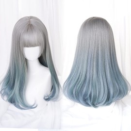 Lolita Harajuku Wig, Long, Full Wig, Bob Wig (Gray + Blue), Bob Wig, Wig Net, Hairpin Included, Zemilong, Wig, Gradation, Mori Girl GAL Type, Small Face, Women's Clothing, Heat Resistant Wig with Wig Net