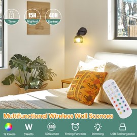 Shenmoyl Vintage Battery Operated Wall Sconce with Green Tulip Glass Lampshade Rechargeable Battery Powered Black Wall Light with Remote Control for Bedside Bedroom Doorway