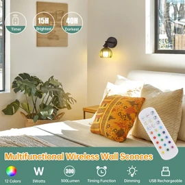 Shenmoyl Vintage Battery Operated Wall Sconce with Green Tulip Glass Lampshade Rechargeable Battery Powered Black Wall Light with Remote Control for Bedside Bedroom Doorway