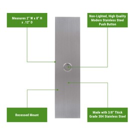 Waterwood Large Rectangle Doorbell in Silver 1/8" Thick Grade 304 Stainless Steel - Adhesive Mount/Rust Proof - 2" W x 8" H x 0.19" D