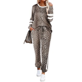 Aloodor 2 Piece Outfits for Women Casual Loungewear Sets Solid Color Sweatsuit Sets Leopard Print L