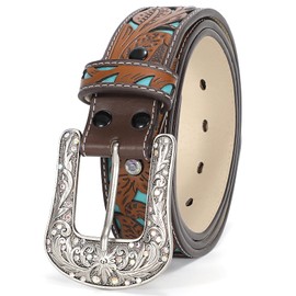 XZQTIVE Women Men Genuine Leather Belt Vintage Ladies Western Belt Engraved Tooled Leather Belt Cowboy Cowgirl Country Belt