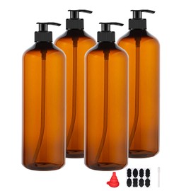 4 Pack 32 OZ Empty Plastic Pump Bottles with 1 Pen, Labels & Silicone Funnel, Amber Empty Shampoo Bottles with Pumps for Body Wash, Shampoo, Massage Lotion, Gel by zmybcpack