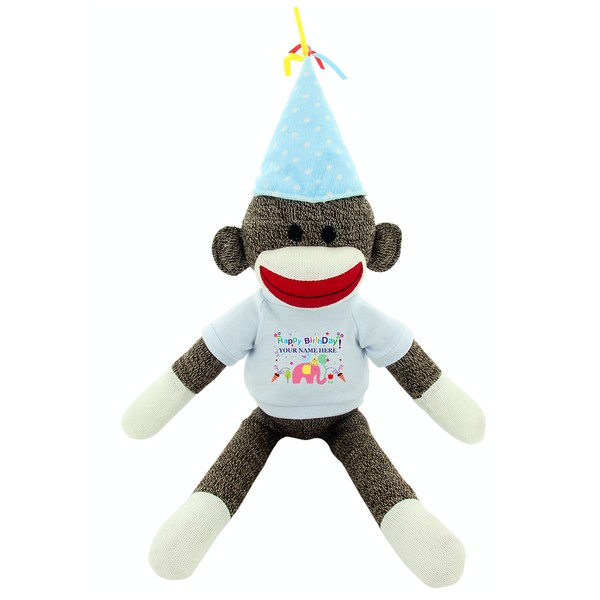 Plushland Custom Text Sock Monkey 20" - Adorable Birthday Gift for Kids, Adults and Friends, Personalized Name on Its T-Shirt Best Party Gift with (Birthday Blue Dot Hat)