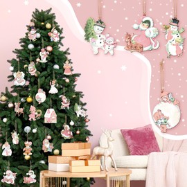 MorningRo 20 Pcs Vintage Christmas Hanging Ornaments Metal Tree Ornaments Santa Snowman Reindeer Snowman Rustic Farmhouse Christmas Tree Decorations for Xmas Winter Holiday Celebrations (Cute,Pink)
