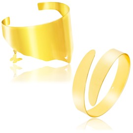 RechicGu 2 Pieces Arm Cuff Bracelets for Women Swirl Upper Armband Bangles Gold Smooth Adjustable Butterfly Armlet Fashion Goth Punk Jewerly Set, Large, Metal, crystal