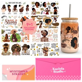 Envolturas UV DTF para tazas de 16 onzas y 9 hojas negras con temática UV para mujeres, 1 hoja de misterioso patrón UV DTF transferencia y kit de limpieza, pegatinas de transferencia para manualidades