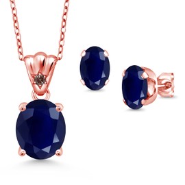 18K Rose Gold Plated Silver Blue Sapphire and Fancy Brown Zirconia Pendant and Earrings Jewelry Set For Women (8.13 Cttw, Gemstone Birthstone, Oval 11X9MM and 8X6MM with 18 Inch Silver Chain)