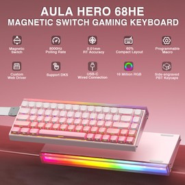 AULA Hero 68 HE 60% Wired Gaming Keyboard, Hall Effect Magnetic Switch Keyboard with Adjustable Actuation, Fast Trigger Mode, 8K Hz Polling Rate, 0.125ms Latency,RGB Backlit, Side Printed PBT Keycaps