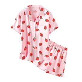 QZH.DUAO Girls Silk Pajamas Set Satin Button Down Sleepwear 2 Piece Pjs Loungewear Nightwear, Pink Strawberry, 5-6 Years
