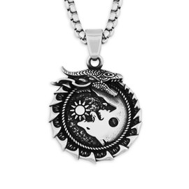 HAQUIL Viking Necklace, Stainless Steel Ouroboros Dragon Midgard Serpent Skoll Hati Wolf Pendant, Box Chain, Viking Jewelry Gift