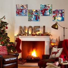 OTOSTAR 4 Pieces Christmas Wall Art Canvas Prints - Snowman Picture Painting - Modern Wall Artwork Framed for Gifts Bathroom Home Kitchen Office Christmas Decor - 12 x 12 Inch