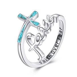 URONE Faith Cross Rings Adjustable Sterling Silver Turquoise Faith Over Fear Cross Rings Christian Religious Jewelry Gifts For Women Men