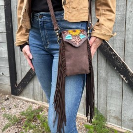 Bella Renelli Western Sunflower Leather Crossbody Phone Bag - Fringe Belt Pouch Wristlet