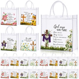 Amylove 36 Pcs Christian Church Gift Bags Bulk Clear PVC Religious Gift Bags with Handle Christian Bible Verse Flower Cross Goodie Pouches Church Welcome Totes for Women Baptism Party Favor Supplies