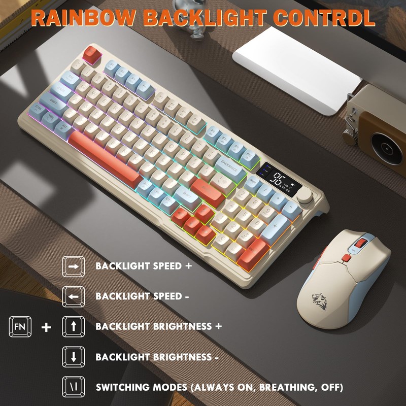 FREEWOLF T96 Smart Display Wireless Gaming Keyboard and Mouse Comb,