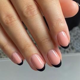 modelones Black French Tip Press On Nails, Christmas Short Oval Fake Nails Press Ons with Nail Glue, Adhesive Tabs, Nail File, Prep Pad, Manicure Stick, 32Pcs 16 Sizes